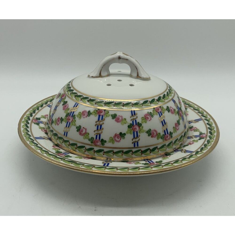 Vtg Cowell And Hubbard Covered Pancake Crepe Dish Pink Roses Gold Trim EUC